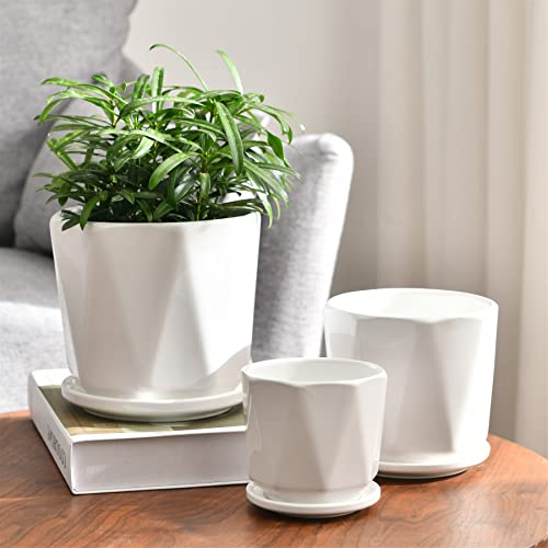 White Ceramic Planter Set of 3 with Drainage and Saucer (Pure White)