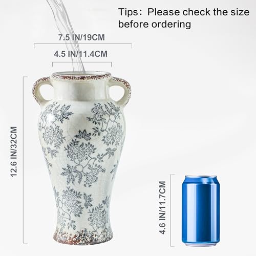 Blue and White Vintage Vase with Handle (04-blue and White-12.6 Inch)