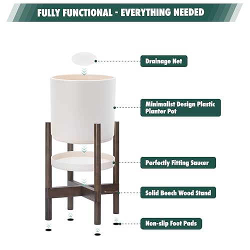 Plastic Pot with Walnut Wood Stand (Oatmeal Pot + Walnut Color Stand / 12 Inch)