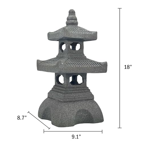 2 Tier Pagoda Garden Statue LED Solar Powered Light 18" Tall Outdoor Zen Garden Lantern Landscape Lawn Asian Pagoda Stupa Decor Grey Resin (18-Inch Pagoda Garden Statue)