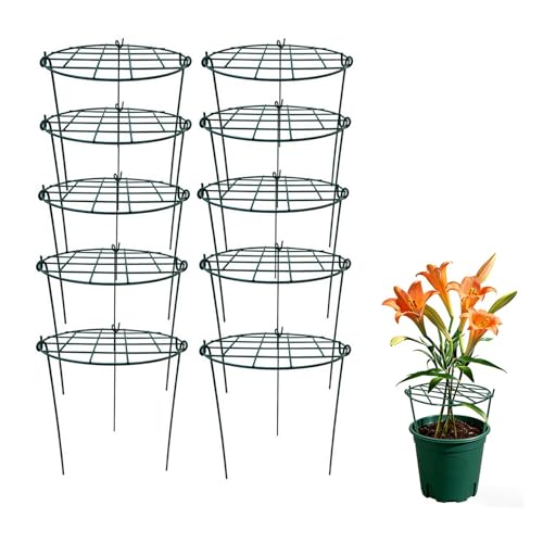 10 Pack 16 x 24 inch Green Peony Cages Grow Through Plant Support Stakes Flower Support Hoops Heavy Plants Brace Rings (Grid 10pack)