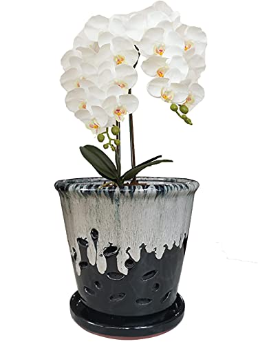 Ceramic Round Orchid Pots with Holes (5.7inch Black / 5.7inch)
