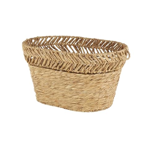Seagrass Handmade Decorative and Functional Storage Basket Large Woven Oval Basket Organizer with Zig Zag Patterned Rim (30" x 20" x 17" / Brown)