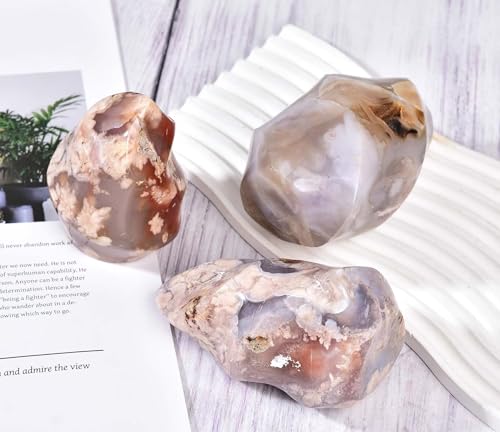 1.5 2.2LBS Cherry Blossom Agate Flame Shaped Stone Tower Flower Natural Healing Crystal Quartz Obelisk with Reiki Energy for Home Office Decoration (Cherry Blossom Agate / 1.5-2.2 Pound)