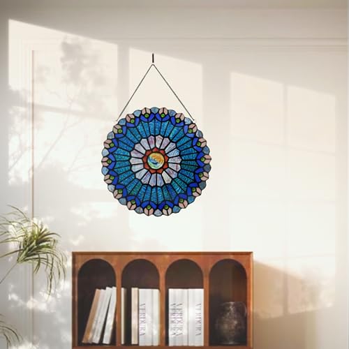 12 Inch Blue Mandala Stained Glass Window Panel (Blue & Red)