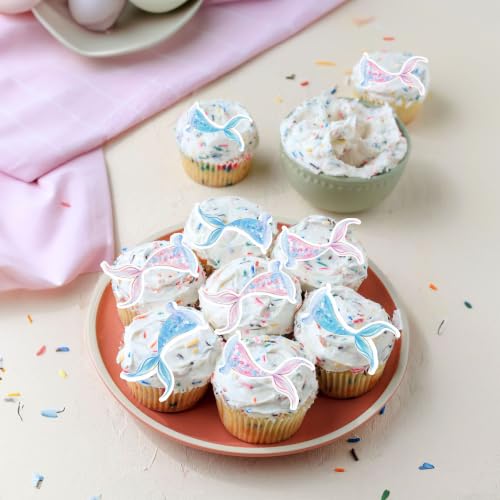 60Pcs Edible Colorful Mermaid Tails Cupcake Toppers Mermaid Cupcake Picks for Under The Sea Party Decoration Baby Shower Girls Mermaids Birthday Ocean Theme Bridal Shower Wedding Supplies (Blue Pink Purple)