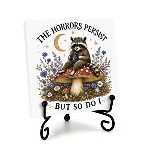 Funny Raccoon Wooden Plaque for Home Office Book Shelf Table Decor 02 (Multicolor 1743 / Wooden sign with iron frame（6.3 x 6.3 inches）)