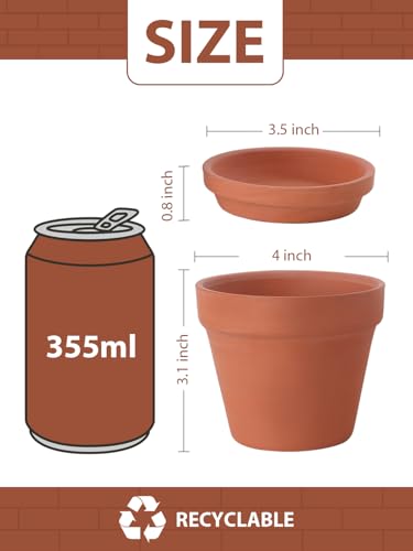 4 Inch Terracotta Pots with Saucers (Shallow 4 inch -8 pcs)