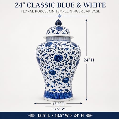 24" Blue and White Floral Porcelain Ginger Jar with Lid (Floral)