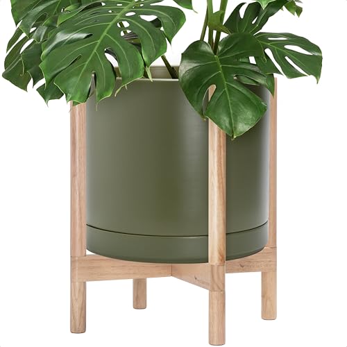 Ceramic Pot with Natural Wood Stand (14 Inch / Olive Pot + Natural Stand)