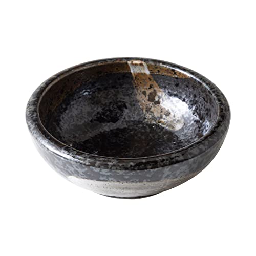 Minoyaki Series Small Round Glazed Ikebana Flower Vase (5.04 x 5.04 x 1.89 inches / Black With Brown White Brush)