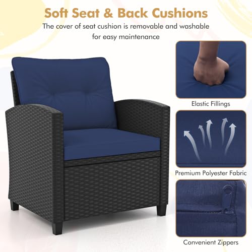 3 Pieces Wicker Patio Conversation Set (Black & Navy)