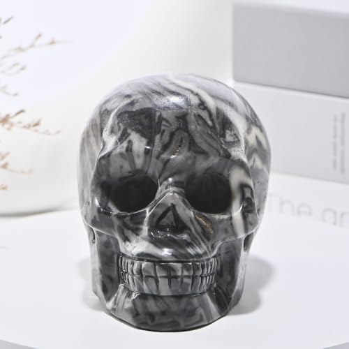 5''Natural Picasso Crystal Skull Head Hand Carved Reiki Healing Stone Statue Healing Home Office Art Room Decoration (Picasso Stone / 5inch)
