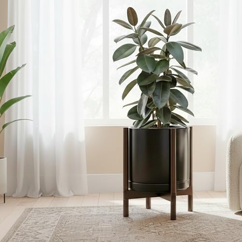 Ceramic Pot with Walnut Wood Stand (14 Inch / Black Pot + Walnut Color Stand)