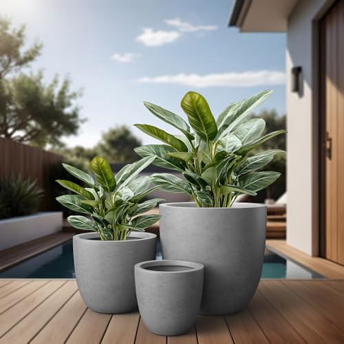 3 Pack 18" 14" 10" W Round Pale Gray Concrete Planters (Gray / Set of 3: 10/14/18-Inch Dia)