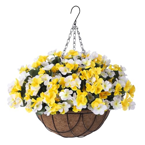Artificial Hanging Flowers with Basket for Outdoor UV Resistant (A-yellow and White)