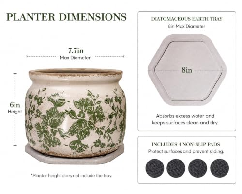 Tuscan Ceramic Planter with Decorative Tray (Classic Green / 7.7 in - w/ Saucer)