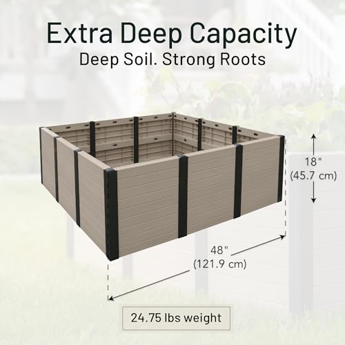 48-Inch x 48-Inch Raised Garden Bed with Tool-Free Connect System and Crafted from Recycled Materials, for Patios or Decks, Khaki (Khaki / Garden Bed)