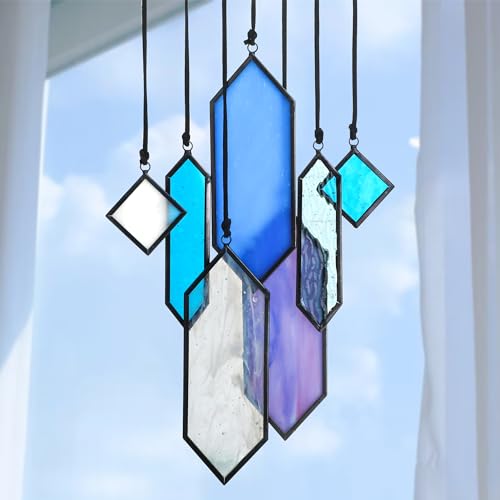 7pcs Stained Glass Window Hanging Suncatchers Modern Blue Wall Art Ornament (Blue Purple-7pcs)
