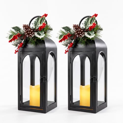 16 Inch Black Metal Christmas Lanterns Set of 2 with Remote and Timer
