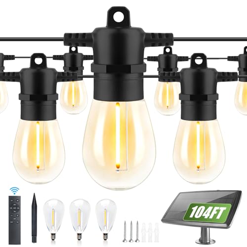 104FT(98+6) Solar String Lights Outdoor Waterproof, Solar Powered Patio Light with 30+2 Dimmable S14 Edison Bulbs Shatterproof & Remote Control, Solar String Lights for Outside Garden Backyard (104FT)