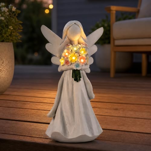 Solar Angel Garden Statue with Glowing Flowers (White)