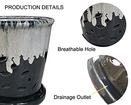 Ceramic Round Orchid Pots with Holes (5.7inch Black / 5.7inch)