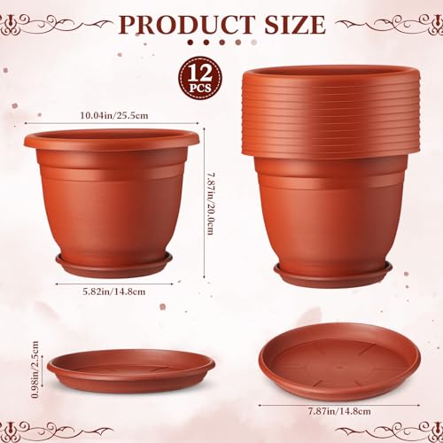 12 Pack 10'' Plastic Plant Pots Round Planter Pots with Saucer Tray Seedling Pots with Holes Seed Resin Plant Pot Starting Nursery Flower Container with Pallet for Garden Outdoor Indoor (Brown / 10'')
