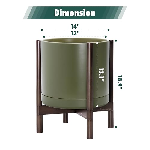 Ceramic Pot with Walnut Wood Stand (14 Inch / Olive Pot + Walnut Color Stand)