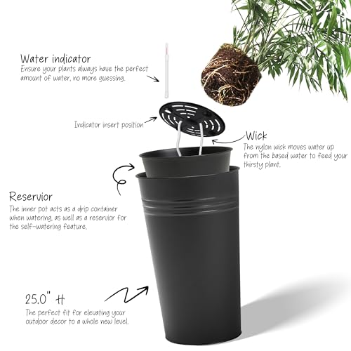 25'' Tall Galvanized Steel Planter Pot with Water Level Indicator (Black / 25'' H.)