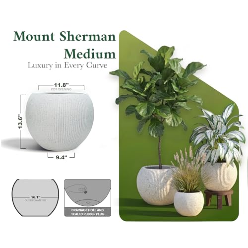 Premium Mt Sherman Fiberstone Sphere Planter for Indoor Outdoor Use (Ribbed White / Medium 16.1''D x 13.6''H)