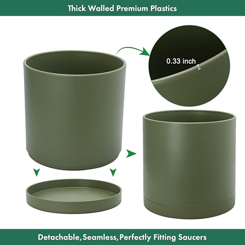 Plastic Planter Pot with Saucer (10 Inch / Olive)