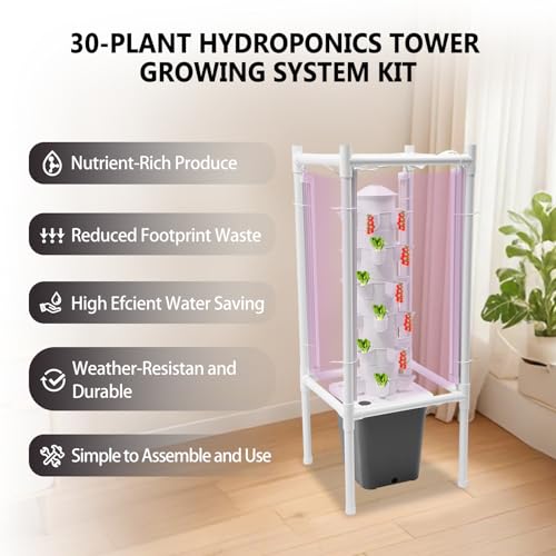 Hydroponics Tower Garden Kit 30 Plant Indoor with LED Grow Light (Gray)