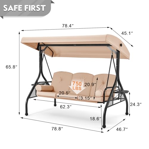3 Seat Porch Swing with Adjustable Canopy (Khaki)