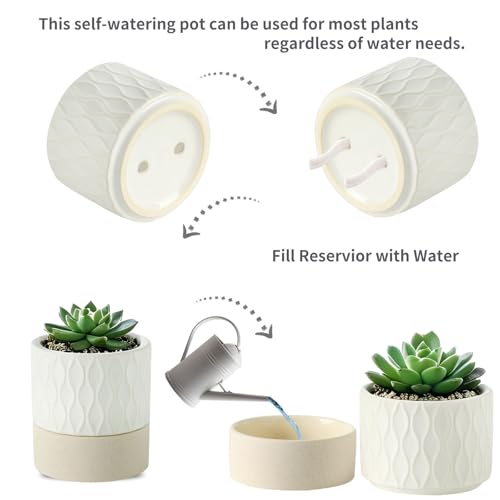 Ceramic Self Watering Plant Pot for Indoor Plants (Cream White & Brown Net / 4.5"+6" Self Watering)