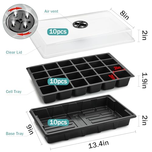 10 Pack Seed Starting Trays with Humidity Dome & Large 24 (Black / 10 Sets)