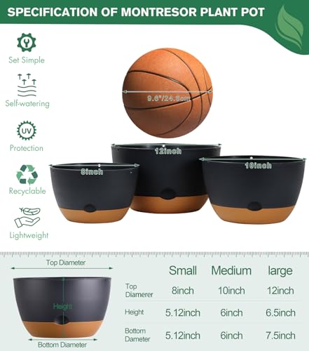 3 Pack 8/10/12 Inch Self-Watering Hanging Plant Pot Chain& Macrame Hangers (Black / 8/10/12inch)