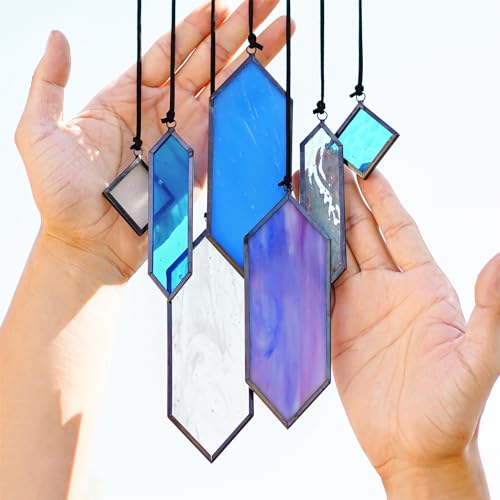 7pcs Stained Glass Window Hanging Suncatchers Modern Blue Wall Art Ornament (Blue Purple-7pcs)