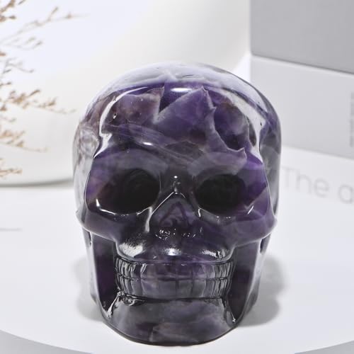 5''Natural Dreamy Amethyst Crystal Skull Head Hand Carved Reiki Healing Stone Statue Healing Home Office Art Room Decoration (Dreamy Amethyst / 5inch)