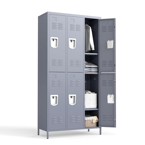 6 Doors Metal Lockers for Employees 72" H Storage Cabinet Lockable Locker with Shelves Steel Storage Locker for Gym School Office Home Requires Assembly (6 doors-72" / Grey)