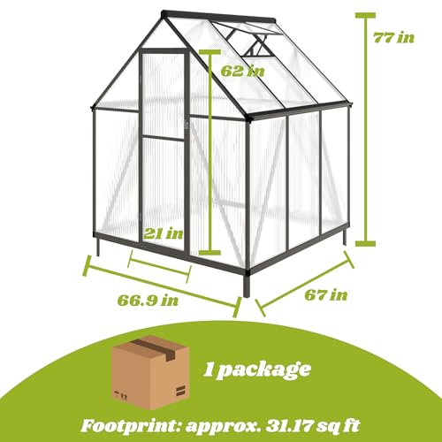 6x6FT Outdoor Polycarbonate Greenhouse with Roof Vent (Dark Gray / 6×6FT)