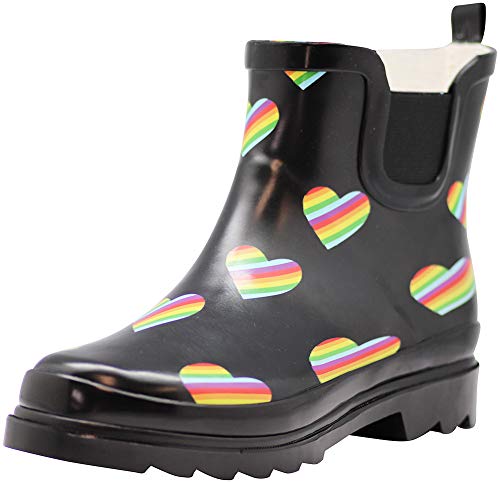 Women's Waterproof Ankle Rain Boots (6 / Rainbow Heart Pride)