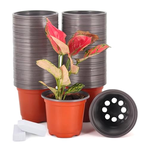 100 Pack 4 Inch Plastic Plant Nursery Pots Come with 100 Pcs Plant Labels (4 Inch)