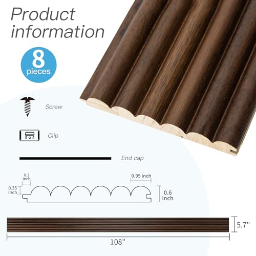 108 x 5.7 Inch Fluted Wood Textured Slat Wall Panel (8Pcs-108 x 5.7 Inch / Beaded Walnut)