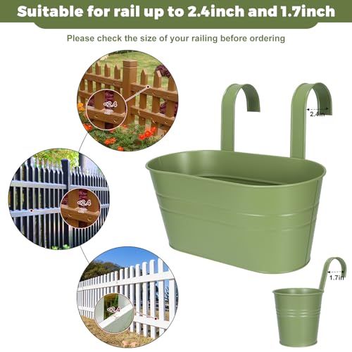 3 Different Size Metal Iron Hanging Flower Pots 10 Pcs for Outdoor Plants Metal Hanging Bucket Pots Iron Railing Fence Planter with Drainage Holes and Hooks for Porch Railing Balcony Fence (Green)
