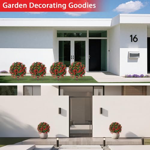 2 Pack Artificial Rose Topiary Ball Trees with Ground Spike (Red Rose)