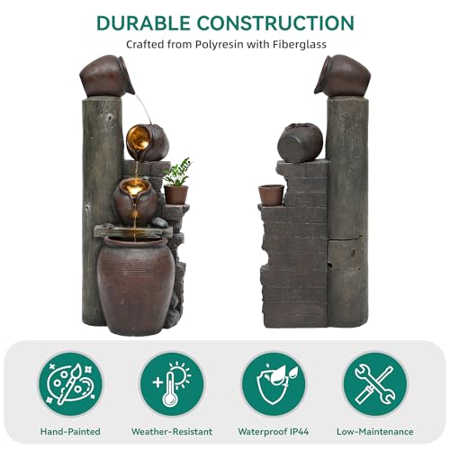 AUTODAYA 40" Overszied Outdoor Water Fountain LED Cascading Waterfall 4 (39.5"h Antique Terracotta)