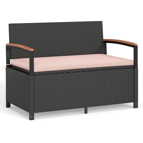 46 Gallon PE Rattan Outdoor Bench with Storage & Cushions (Black & Beige / 46 Gallon)