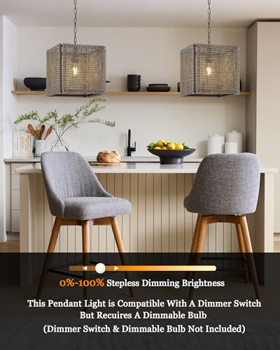 Farmhouse Rattan Chandelier 12" Handwoven Pendant Light Fixtures with Gray Square Solid Wood Frame (12” / Gray)