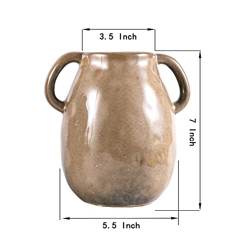 Brown Ceramic Vase with Handles (Brown)